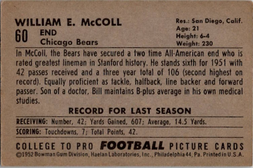 1952 Bowman Large BILL McColl Chicago Bears #60 EX+ Condition SET BREAK - Picture 2 of 2