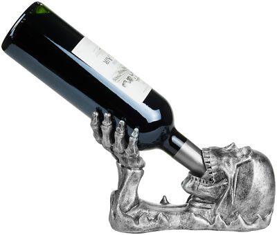 BRUBAKER Wine Bottle Holder Skull - Drinking Skull with Skeleton Hand Silver