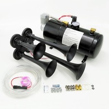 Bocina de aire de tren de 4 trompetas 150 dB + Kit de sistema de aire 150 psi para camión coche metal 12 V