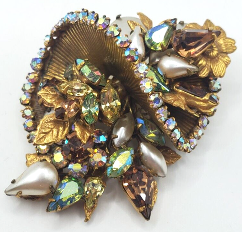 Vintage Original By Robert Brooch Signed Prong Set Crystal Amber White Blue Pin - Picture 8 of 14