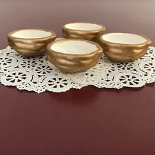4 Gunnell Walnut-Shape Open Salt Cellars, Mint Bowls, White & Gold Ceramic 2x1½"