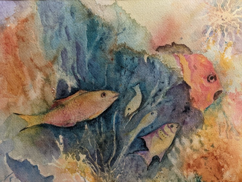 8X14 FISH OCEAN BEACH WATERCOLOR PAINTING Matted Signed New *Moving Sale Must Go
