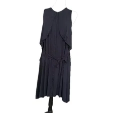 H by Halston Navy MIDI Dress Button Front Tie Waist Cape Sleeve area Size 14