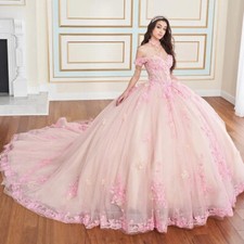 Sparkly Pink Quinceanera Dresses Ball Gown 3D Flowers Applique Corset Sweet 16