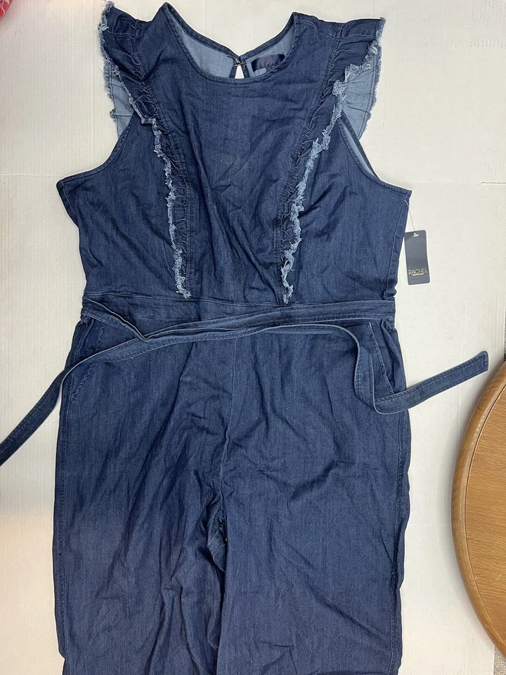 NUEVO CON ETIQUETAS $179 Mono Jean Rachel Roy Talla Grande 22W Denim Oscuro con Volantes Pierna Ancha Foto 3 de 4