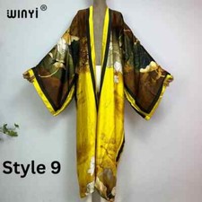 Yellow Print Kimono Boho Dress Silky Robe Beach Kaftan Plus Size Robe Abaya