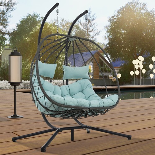 2 Person Rattan Egg Hanging Chair Patio Outdoor Indoor Wicker Swing with Stand - Picture 43 of 89