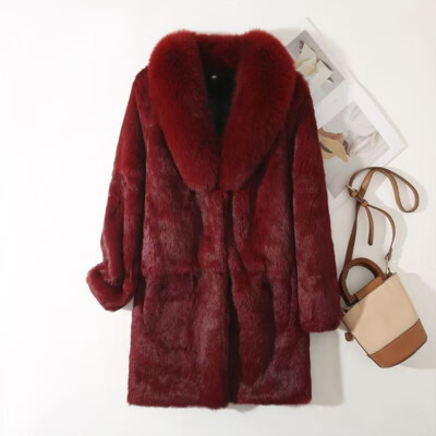 Real Rabbit Fur Coat Women's Mid Long Fox Fur Collar Jackets
