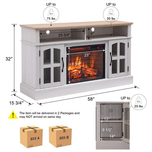Farmhouse TV Stand Media Console Cabinet w/ 23'' Fireplace for TVs Up to 70'' - Picture 6 of 13