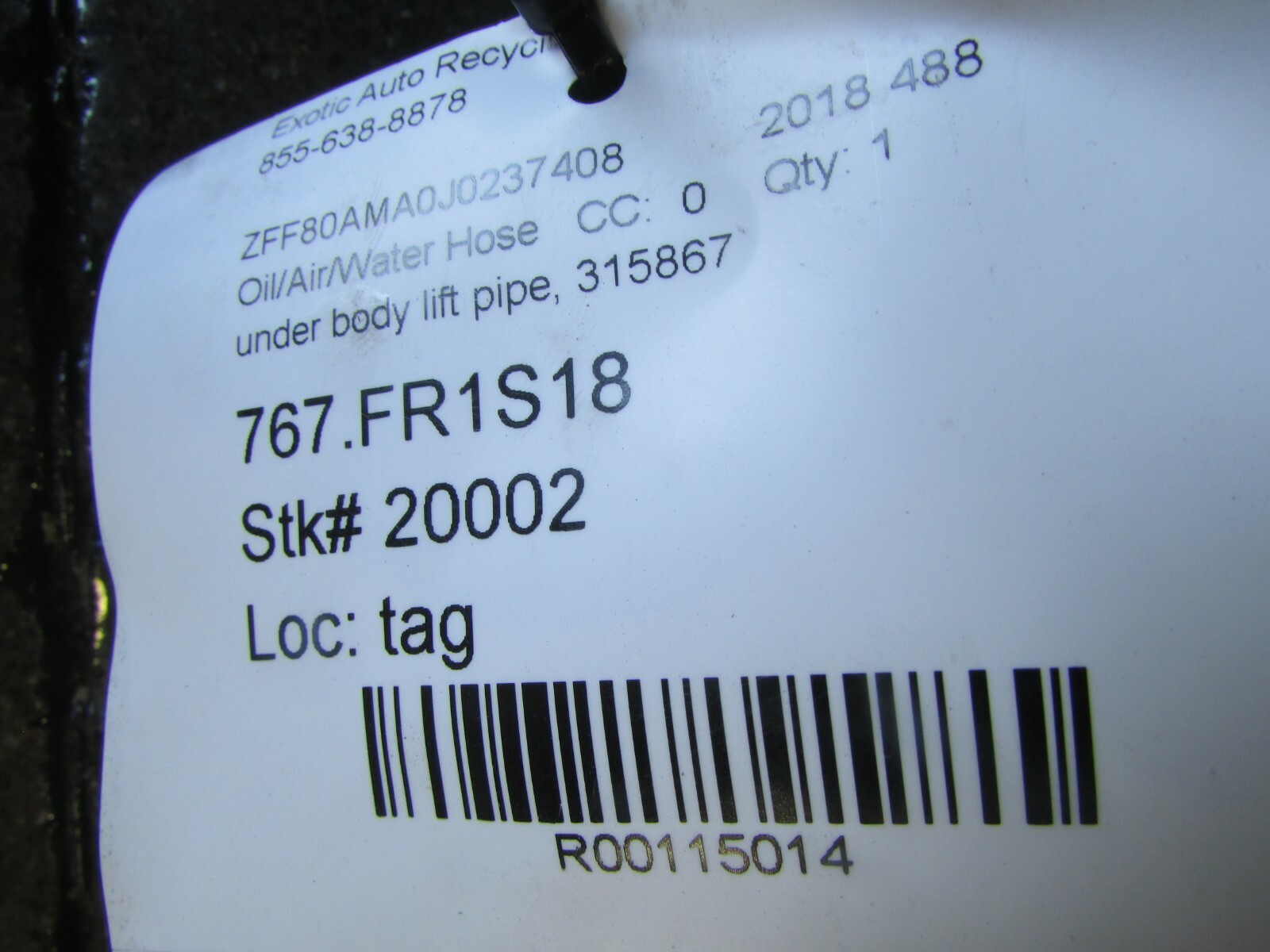 Ferrari 488, Under Body Lift Pipe, Used, P/N 315867