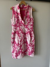 Eliza J Pink Floral Ruffle V Neck Dress Cotton Sheath Dress Sz 10 Spring Summer