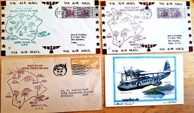 Hawaiian Airlines 3 1934 1st Flight Covers Hilo Lihue + Sikorsky S-43 Postcard
