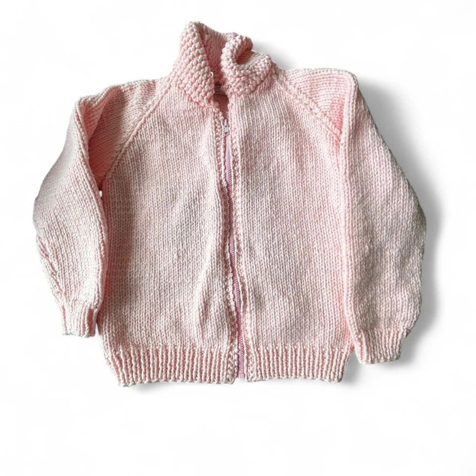 Suéter Vintage Tejido a Mano Rosa Gato Cremallera Frontal Niños 7/8 Arte Tejido  Foto 4 de 4