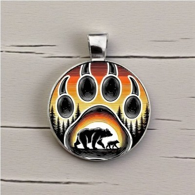 Native American Bear & Wolf Round Glass Art Pendant / Charm (No Chain)