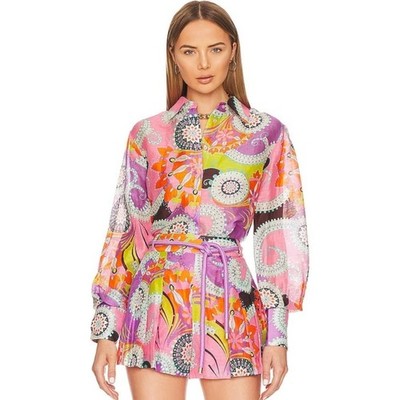 Alexis Saine Linen Silk Shirt Multicolor Psychedelic Paisley Button Down Sheer M