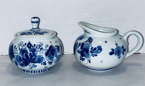 VTG Delft Blue White Sugar Jar Bowl Creamer Pitcher Schoonhoven Holland - Picture 2 of 13
