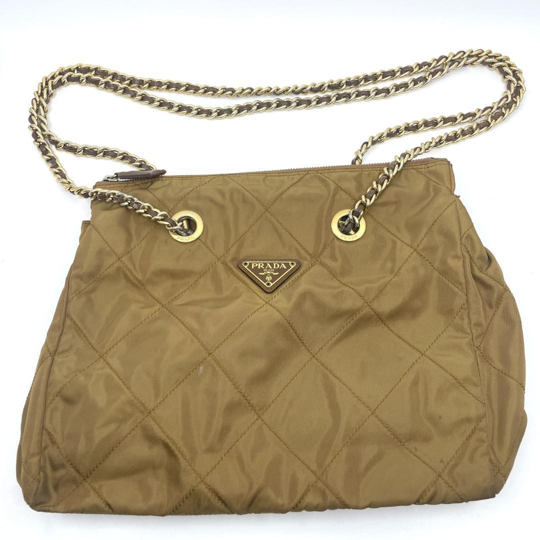 PRADA Tessuto yellow brown chain shoulder bag PGKSTY