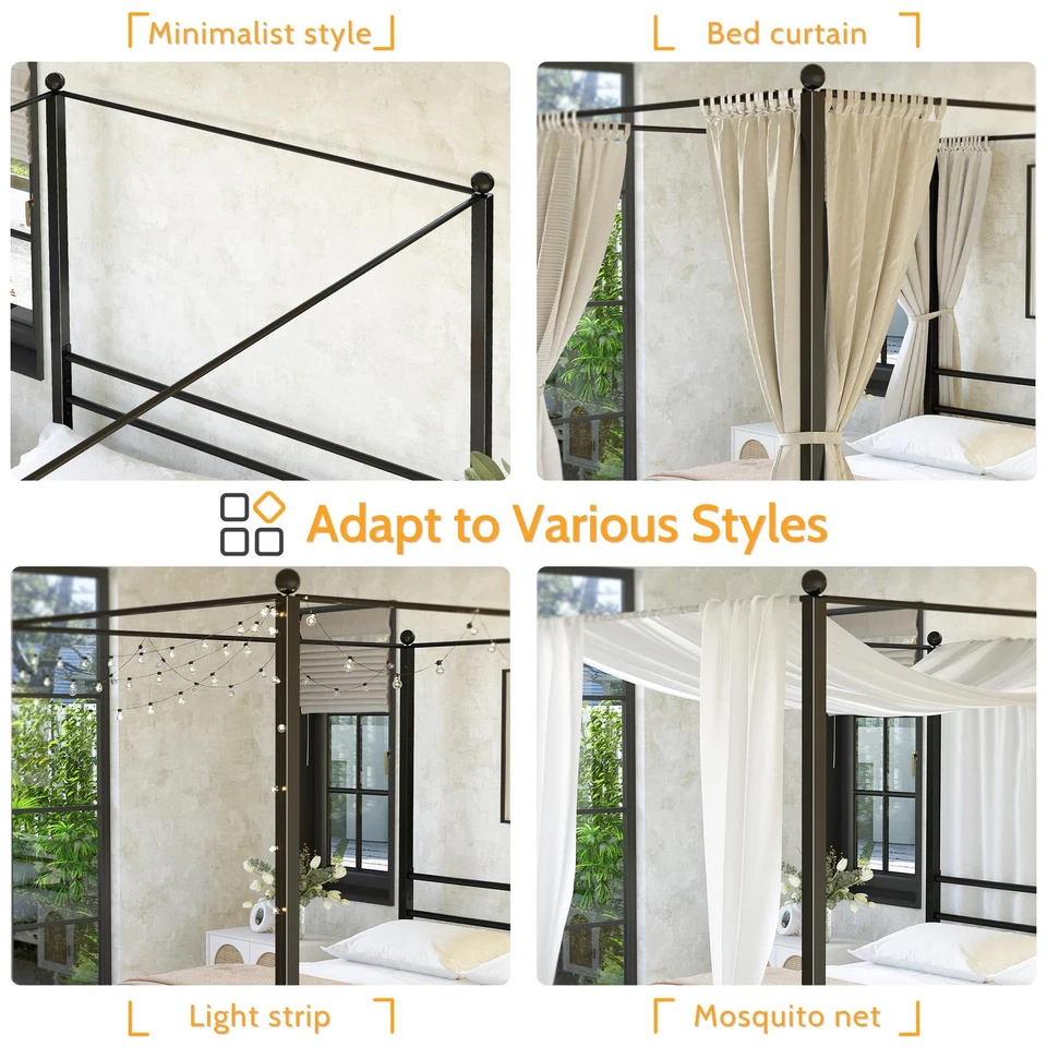 Marco de cama con dosel completo, marco de cama con dosel de metal de cuatro carteles, resistente... Foto 3 de 4