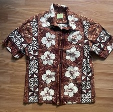 Vtg Vintage 1960s 60s Ui Maikai Original Hibiscus Brown Barkcloth Hawaiian Shirt