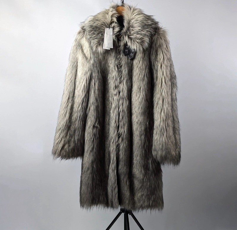 NEW Helmut Lang Gray Wolf Faux Fur Long Coat Jacket Women’s Large Men’s Medium