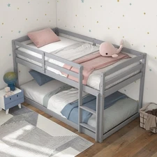 Twin over Twin Low Bunk Bed with Guardrails Integrated Ladder Kids Wooden Grey