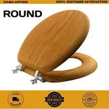 Premium Natural Oak Toilet Seat with Chrome Hinge - Round Closed Front Wood