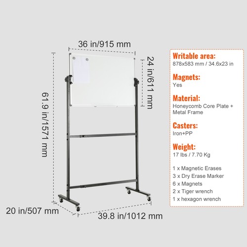 Uimoso Rolling Magnetic Whiteboard Double-sided Mobile Whiteboard 36 x 24 inch - Picture 7 of 12