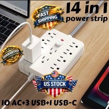10 AC Outlet Power Strip Surge Protector, 3 USB  1 USB-C, 5ft Woven Cord