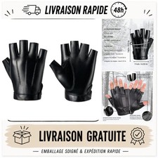 Gants sans doigts homme noir simili cuir PU mitaines taille unique