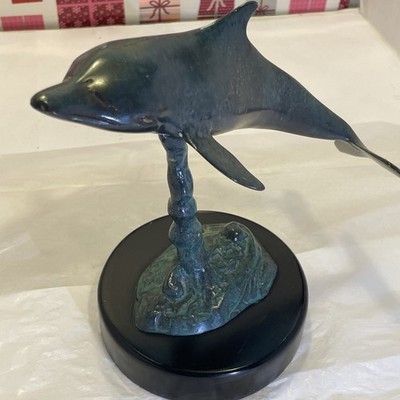 Green Patina Bronze & Marble on Leaping Wave Dolphin Handcrafted Sculpture 8.5 
