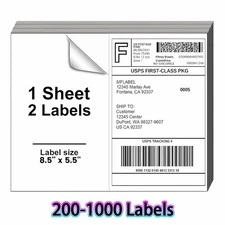 200-1000 Shipping Labels 8.5x5.5 Half Sheet Self Adhesive Mailing 2 Per Sheet