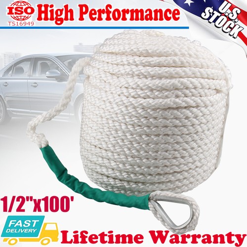 1/2"x100' Twisted 3 Strand Nylon Anchor Rope & Thimble Boat Yacht Marine Line - Foto 1 di 10