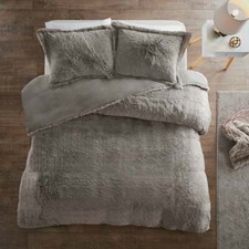 NEW  ULTRA SOFT  PLUSH FLUFFY GREY FAUX FUR SHAGGY CHIC MODERN COMFORTER SET