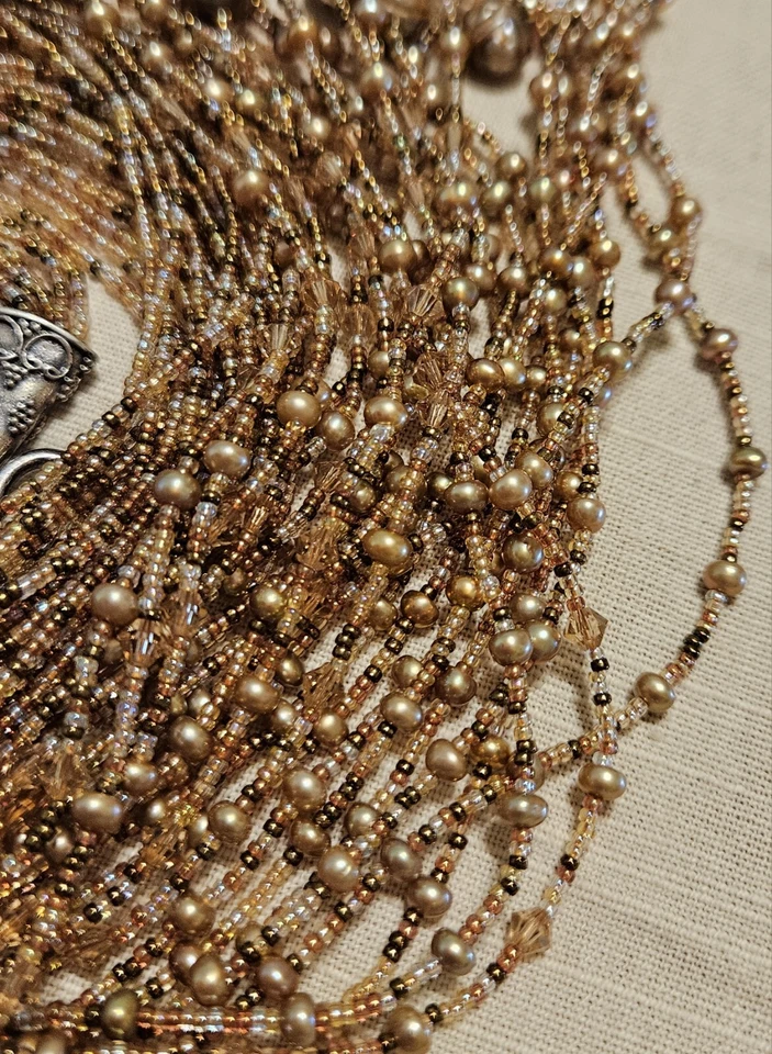 Collar extra largo de cuentas y perlas de bronce dorado de 12 hilos cierre de gancho de plata Foto 4 de 4