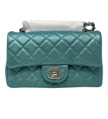 Chanel Mini Rectangular Classic 21S Green Iridescent Leather Flap
