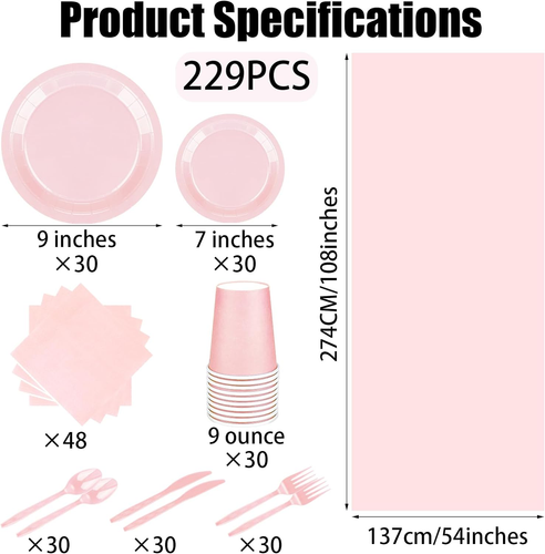 229PCS Pink Party Supplies Pink Paper Plates Tableware Set Cups Plastic Spoons F - 第 2/7 張圖片