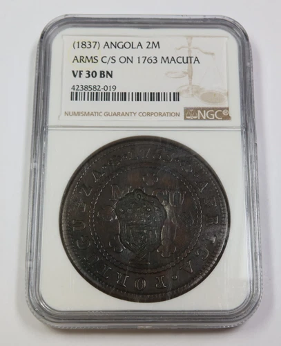 1837 NGC VF30 BN BROWN | ANGOLA - Arms C/S Counterstamp - 2 Macuta Coin #39177A