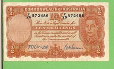 AUSTRALIAN 1942 TYPE ARMITAGE / McFARLANE TEN SHILLING BANKNOTE #F26 872486