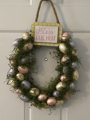 Easter/Spring Wreath Woodensign  Bless Our Nest  Egg Shaped with Eggs & Moss