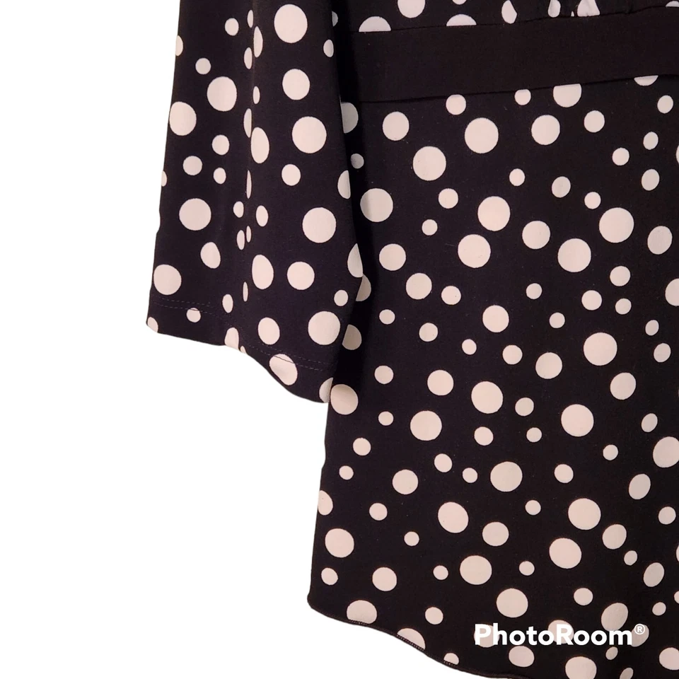 AB Studio Top Womens Size M Polka Dot Black White 3/4 Sleeve Wrap Around Look - Image 4 of 4