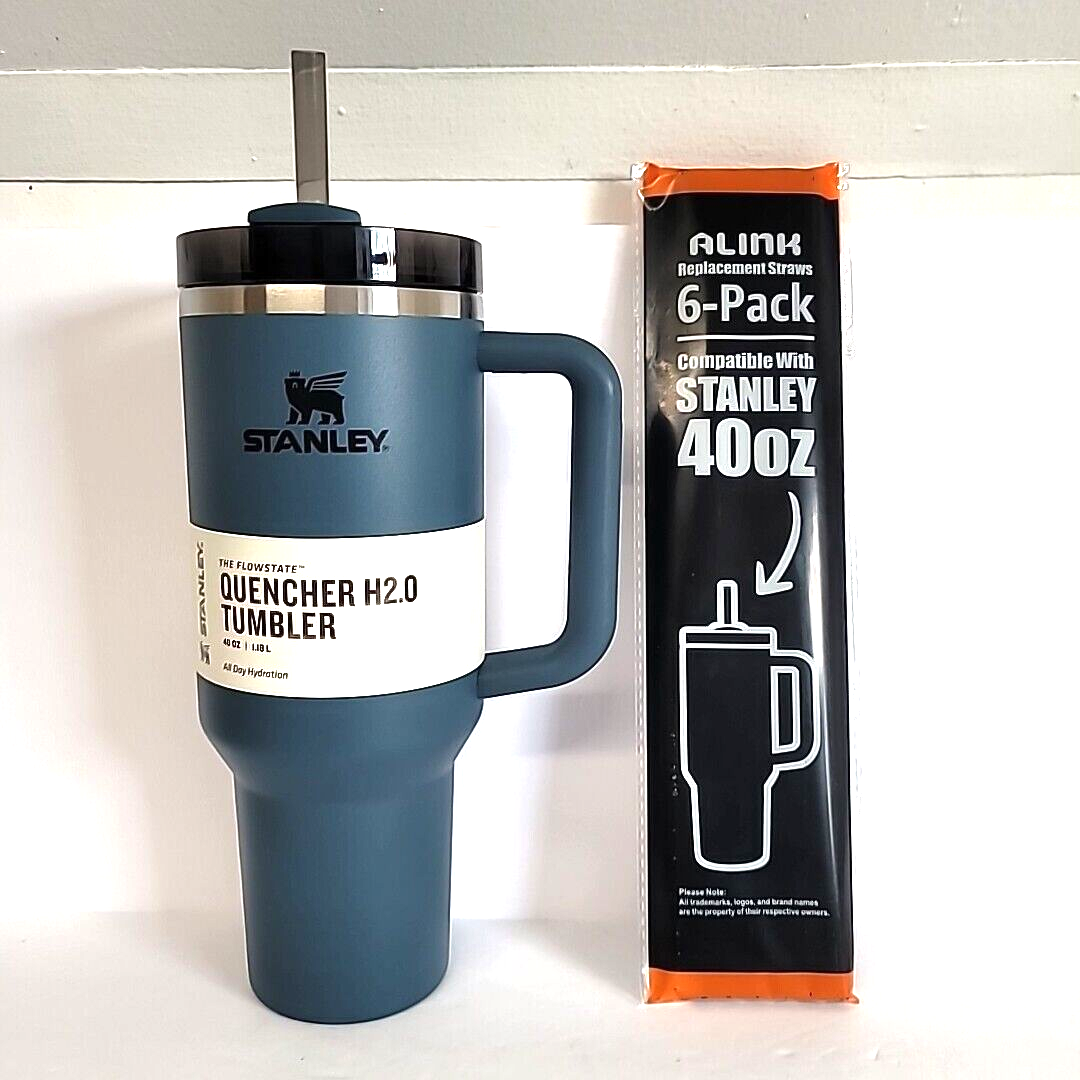 Stanley Cup Blue Spruce 40oz Quencher H2.0 Tumbler Cup & 6pk Replacement Straws-image