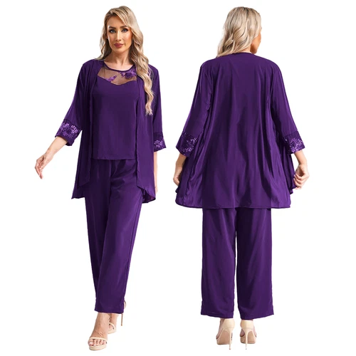 Womens 3 Piece Chiffon Pant Suits Tank Top Cardigan and Pants Evening Outfits - Picture 22 of 95