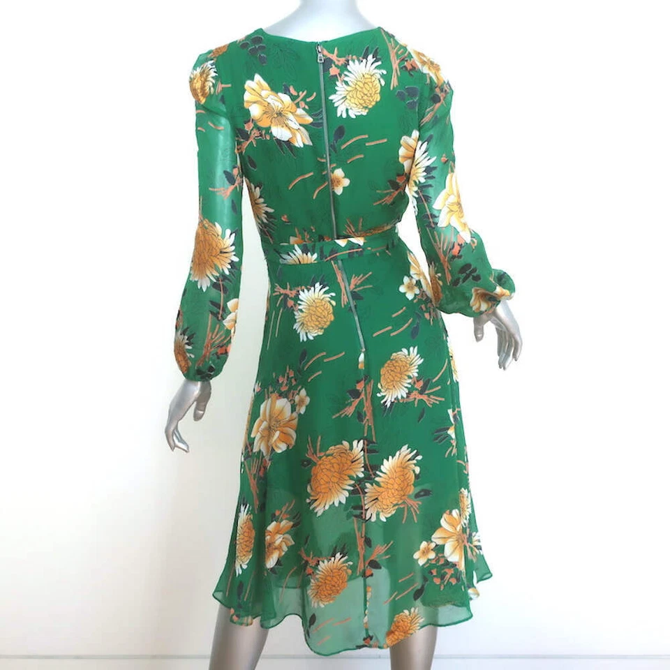 Alice + Olivia Coco Midi Dress Green Floral Print Fil Coupe Chiffon Size 2 - Image 4 of 4