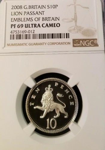2008 GREAT BRITAIN SILVER 10 PENCE S10P LION PASSANT NGC PF 69 ULTRA CAMEO