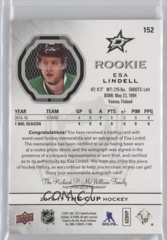 2016-17 Upper Deck The Cup /249 Esa Lindell #152 RPA Rookie Patch Auto RC - Image 2 of 2