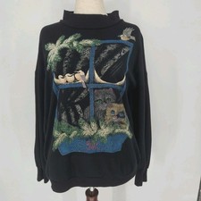Vintage 90s Kittens Cat Window Bird Graphic Sweatshirt Black USA Large Mock Neck