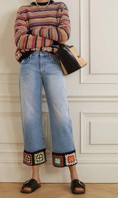 Alanui $1240 Positive Vibes Crochet-Trimmed High Rise Straight Jeans 27