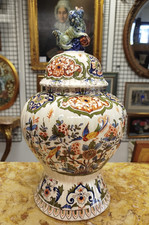 Grand pot couvert Delft vers 1850 Floral Oiseaux Faïence Signé LF 19MAG 12/03