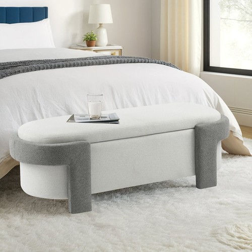 Large White with Light Grey Polyester Storage Ottoman Bench for Any Room - Picture 1 of 9