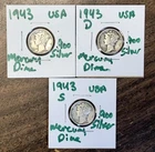 1943 P D S Mercury Dime 3 Coin Lot - .900 Silver US Coins - VF/XF - C
